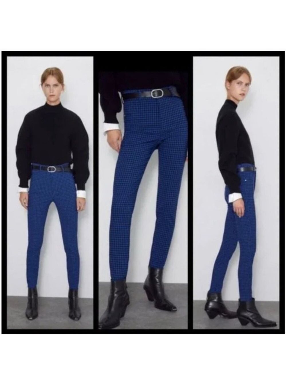 Zara blue black gingham checkered slim fit high-rise pants stretchy Sz L NWT